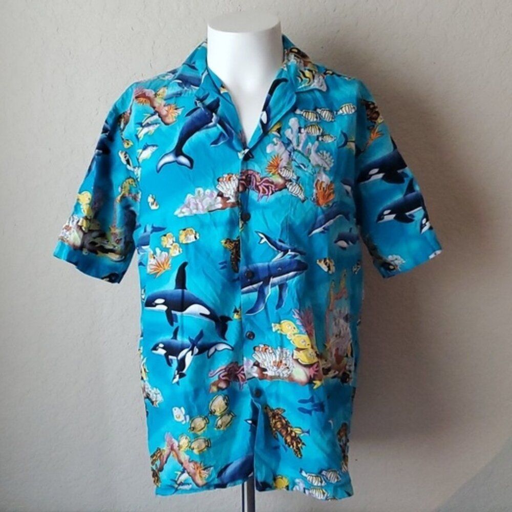 Aloha Republic Men's Hawaiian Shirt Size M Blue Orca Whale Sea Turtle Ocean EUC